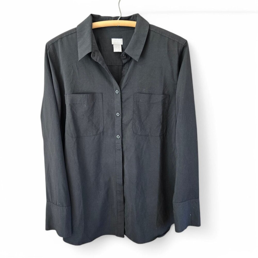 Chicos Button-Up Collared Shirt Black Size 2 U.S. 12/14 Tunic Top